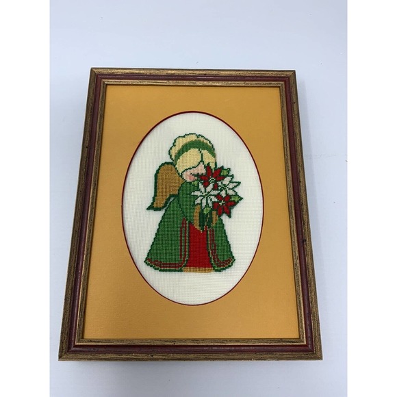 Framed Complete Floss Peti Point Stitch Praying Angel Poinsettias Vintage XMas - Picture 13 of 13